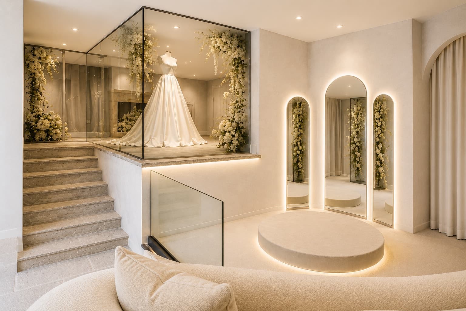 Visualisation of the planned interior: a cream fitting area with a round pedestal, three arched mirrors edged in soft light, and a gown displayed among white flowers.