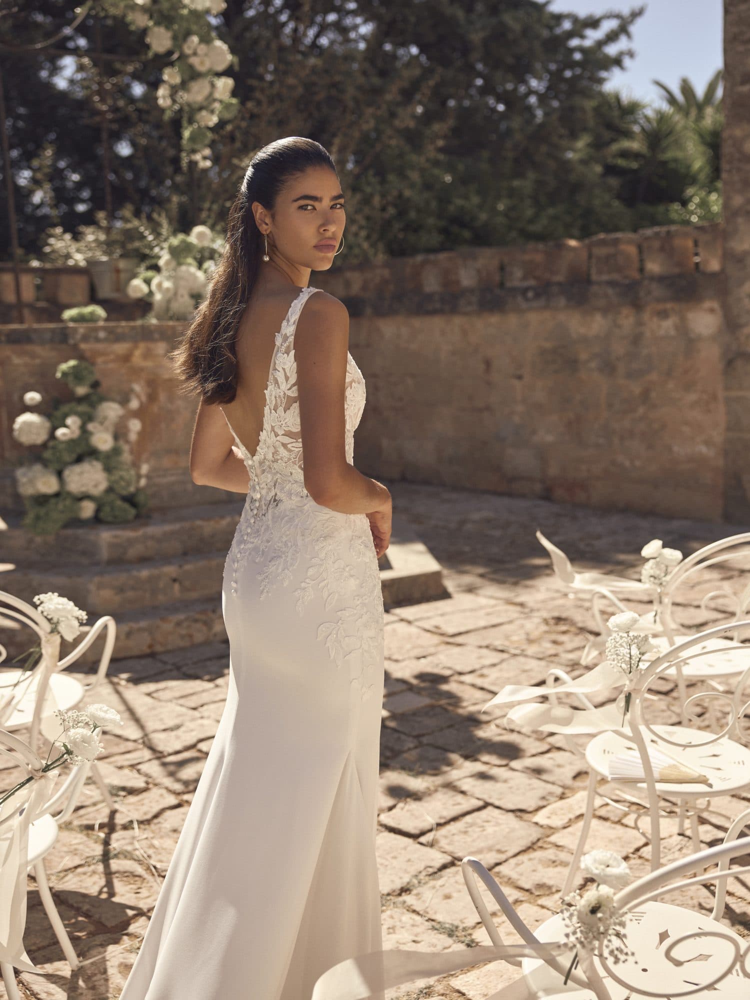 Back of the Modeca Mariette gown showing its sheer lace back detail.